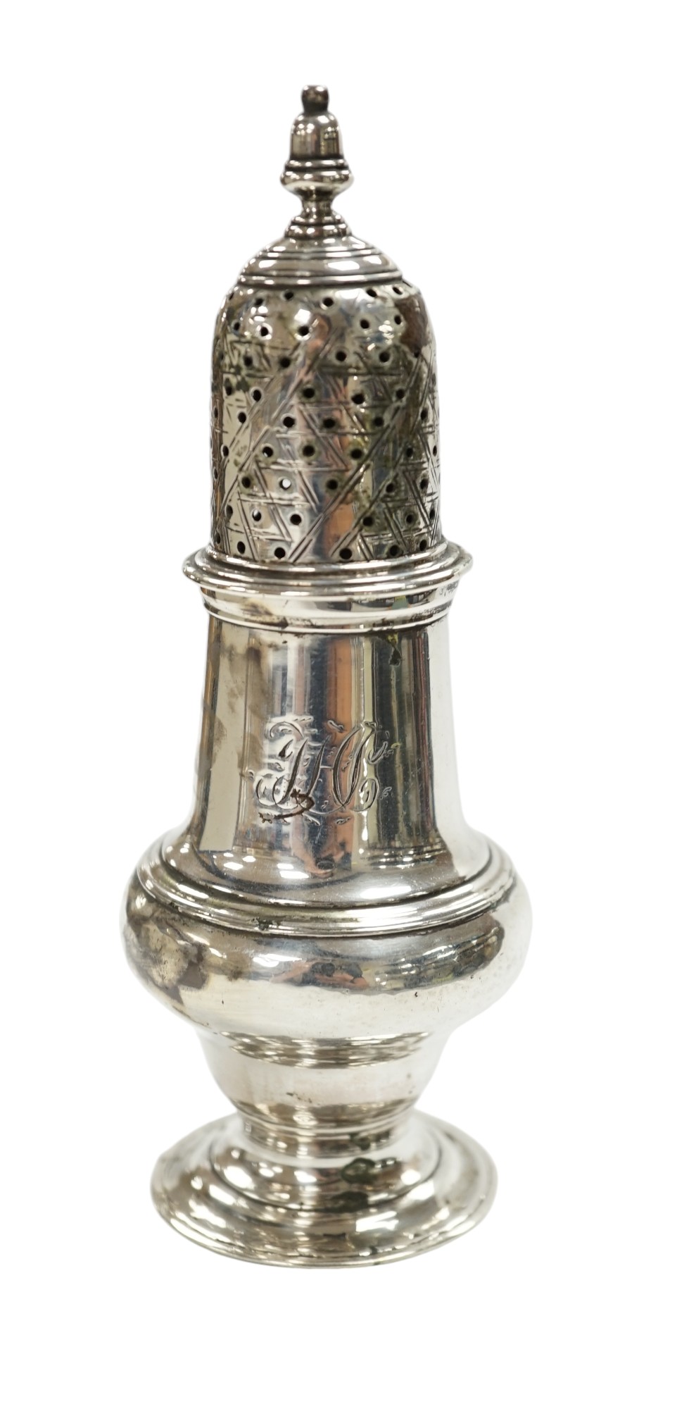 A George III silver baluster pepperette, John Delmester, London, 1763, 14.1cm. Condition - poor to fair